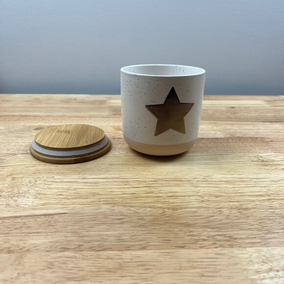 Speckled Ceramic Canister with Gold Star and Wood Lid - NWT - Picture 2 of 5